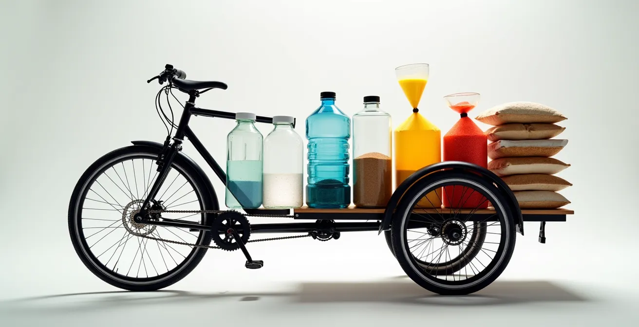 Coupe latérale d'une remorque vélo montrant la répartition optimale des charges avec centre de gravité