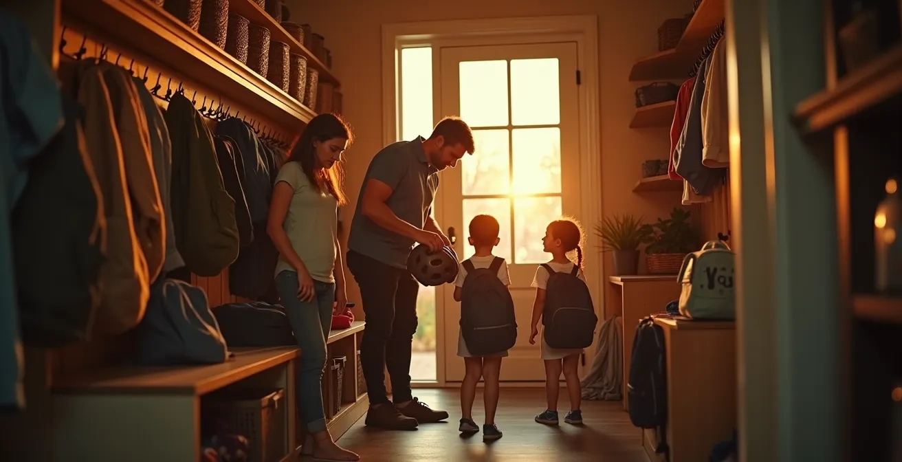 Famille préparant ensemble les sacs d'école et de sport un dimanche soir