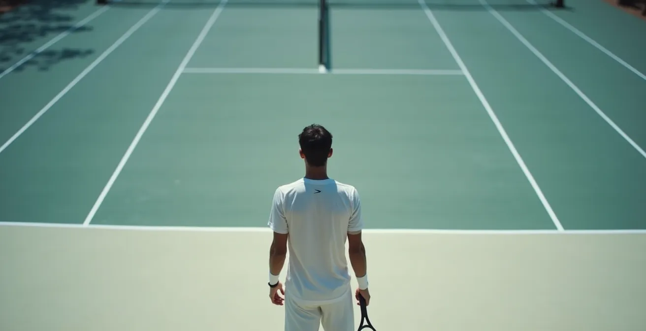 Joueur de tennis de dos face au filet effectuant un rituel de concentration entre les points