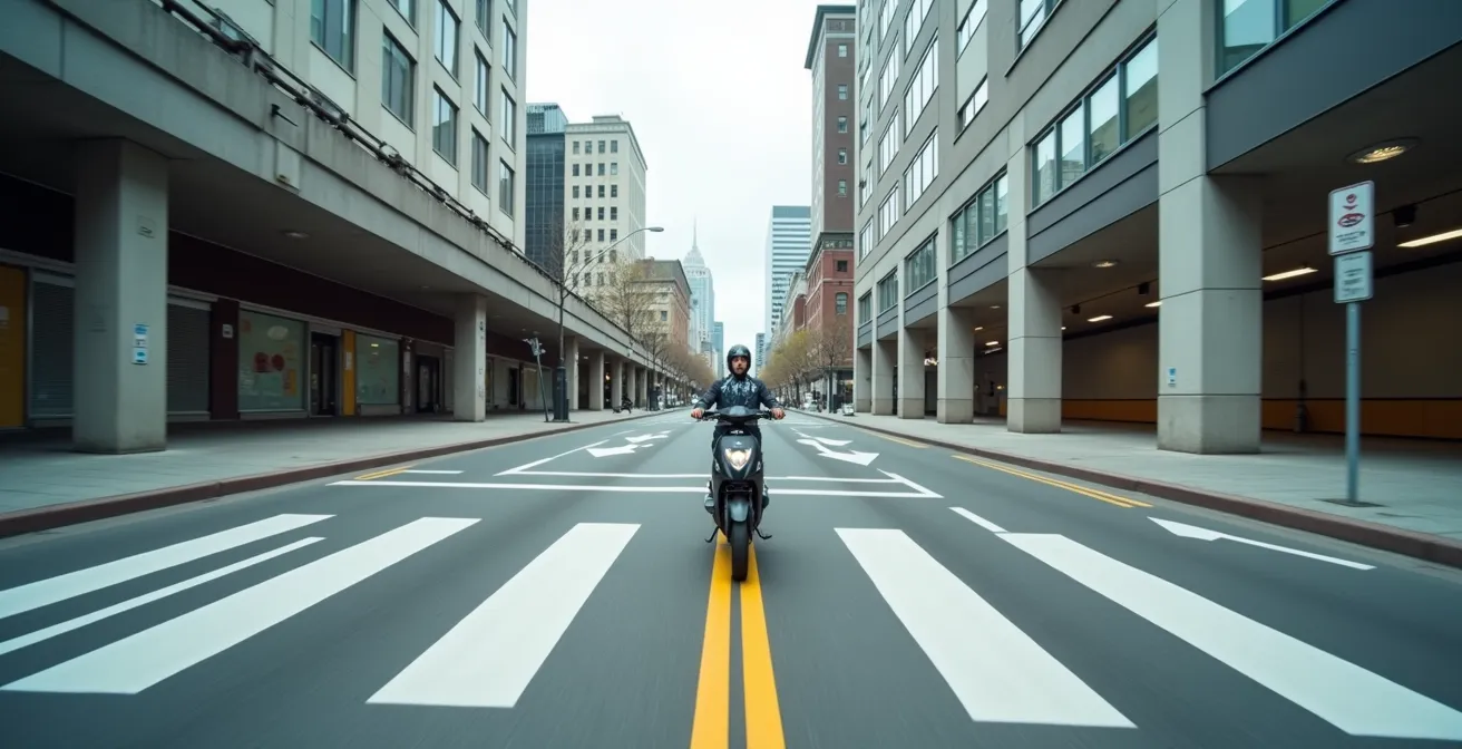 Maxi-scooter circulant légalement sur une voie de bus en milieu urbain