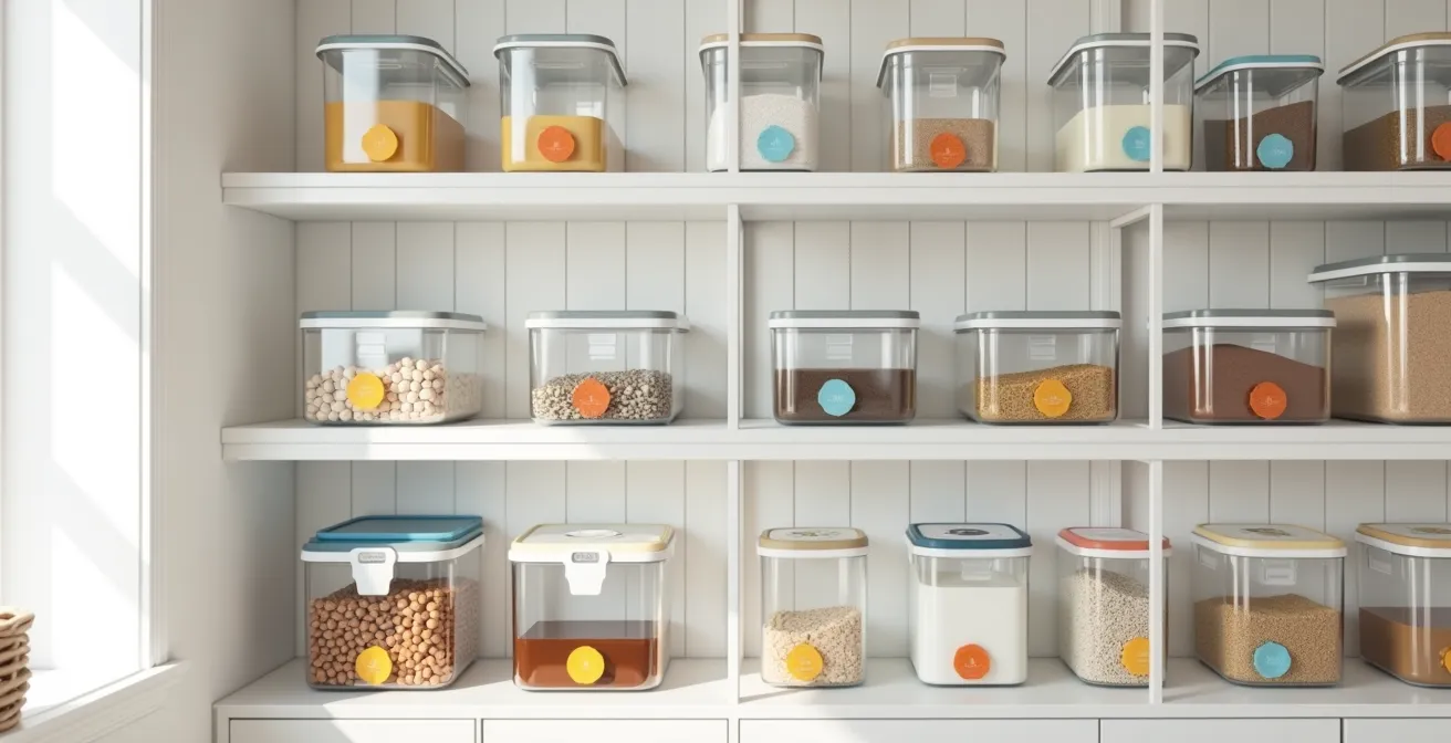 Garde-manger avec système de double-bacs et étiquettes colorées