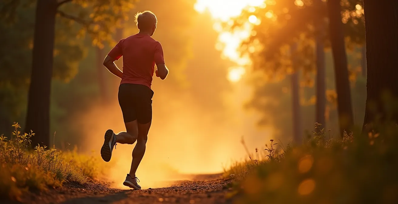 Coureur en mouvement montrant la technique de foulée médio-pied dans un environnement naturel