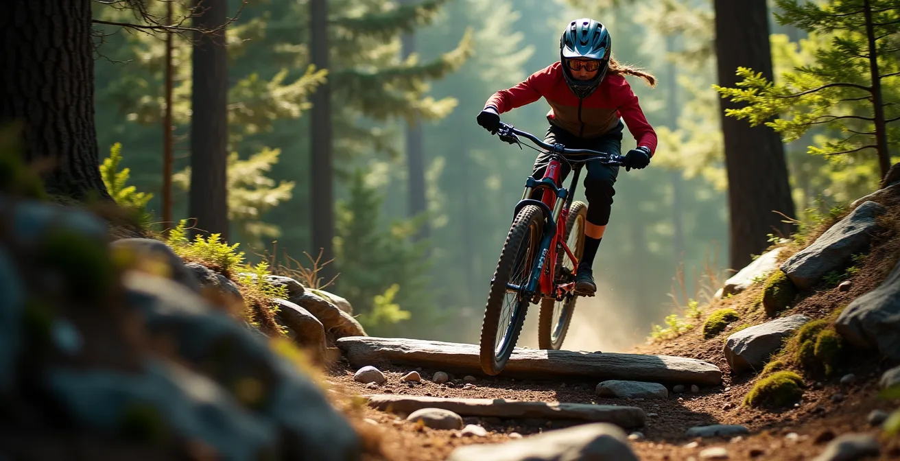 Cycliste VTT franchissant un obstacle rocheux en forêt