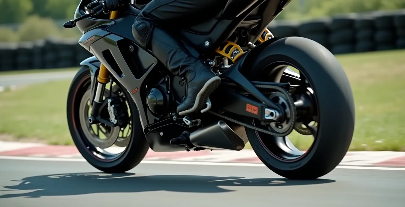 Pilote de moto sportive démontrant la technique de pilotage par les jambes dans un virage