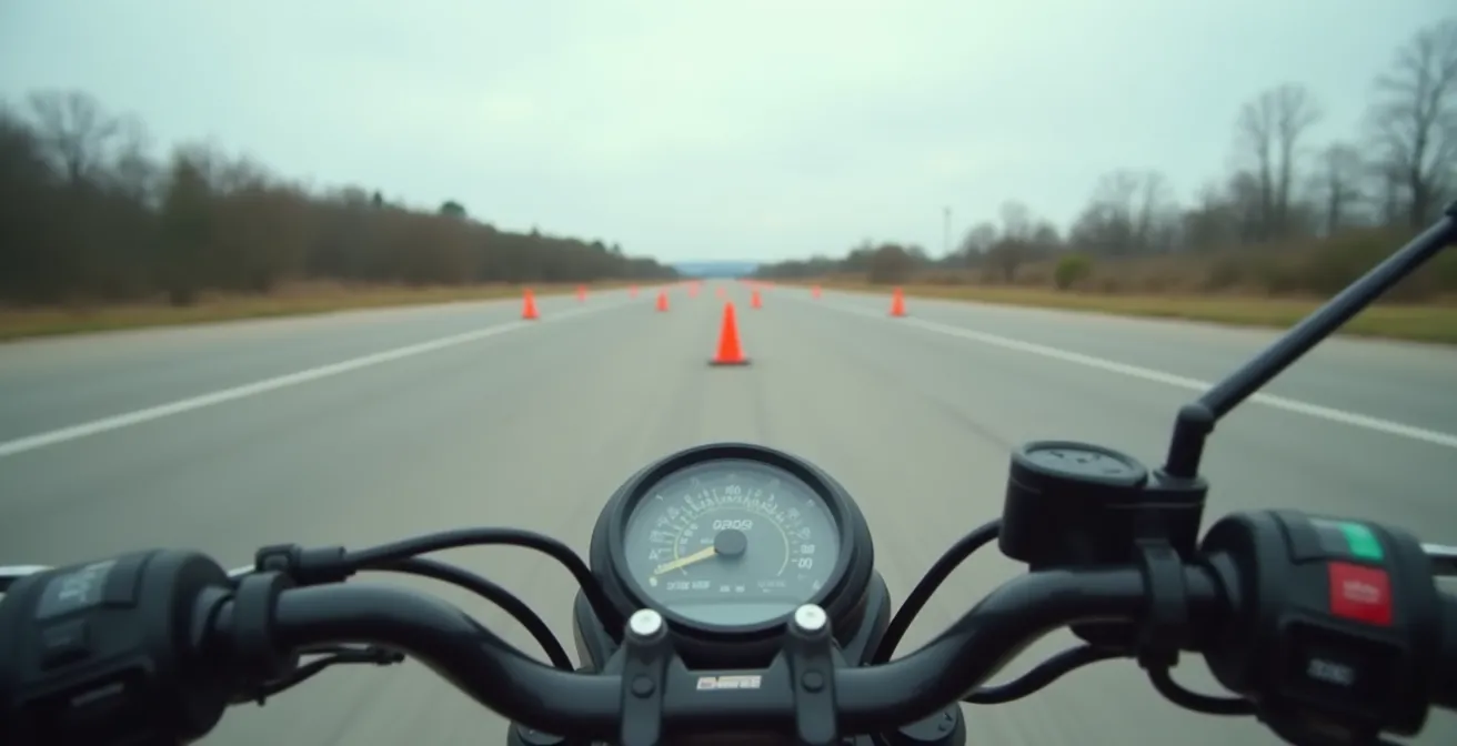 Vue subjective d'un motard regardant au loin pendant le parcours lent entre les cônes