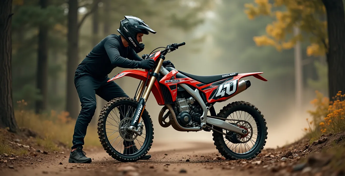 Démonstration de la technique de relevage d'une moto trail par une personne