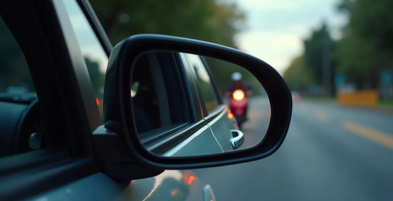 Vue macro détaillée de rétroviseurs et angles morts lors d'une remontée de files