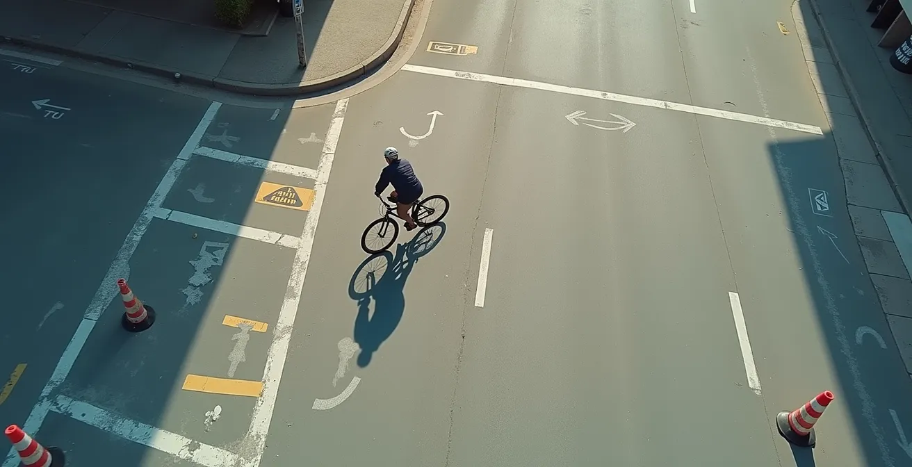 Vue aérienne d'un cycliste négociant un virage serré avec une remorque, montrant la trajectoire idéale