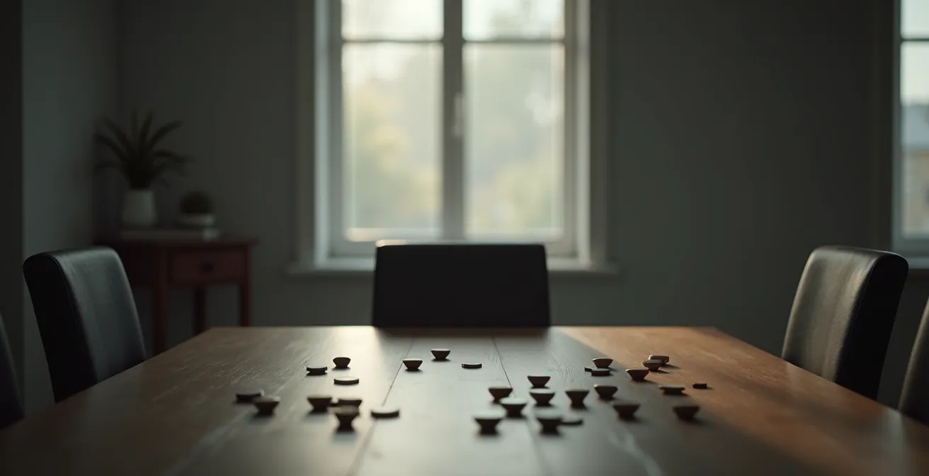 Vue large d'une table de jeu avec une chaise vide symbolisant l'exclusion