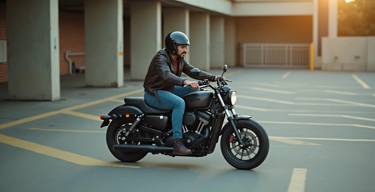 Motard effectuant un test de maniabilité à basse vitesse dans un parking