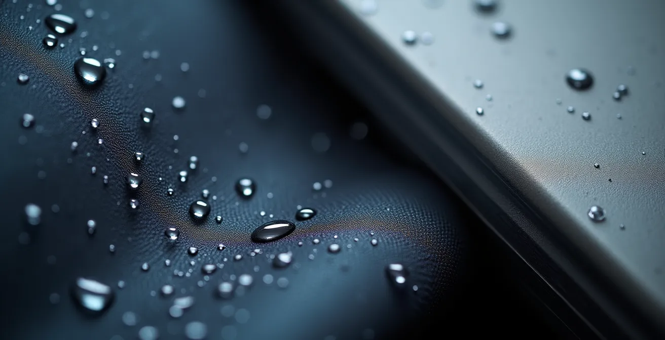 Comparaison visuelle entre un sac souple parfaitement étanche et une valise en aluminium avec des points d'infiltration d'eau au niveau des joints.