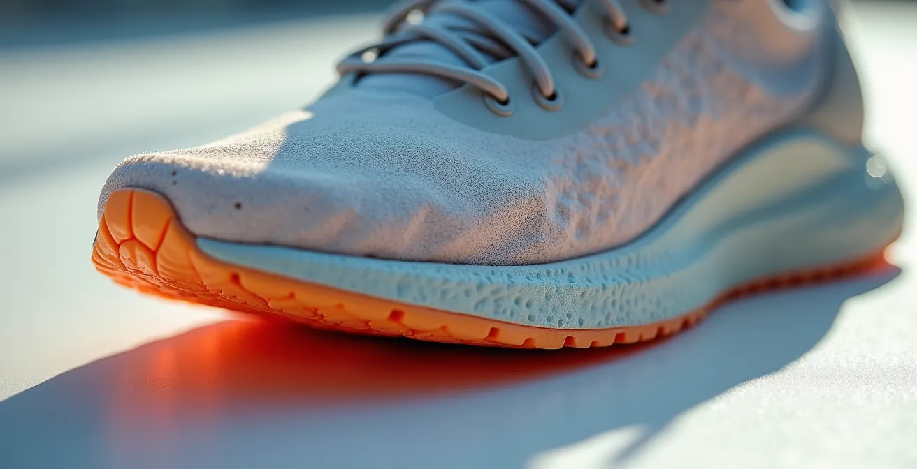 Gros plan sur une semelle de chaussure de running montrant les signes d'usure avec des plis et zones compressées