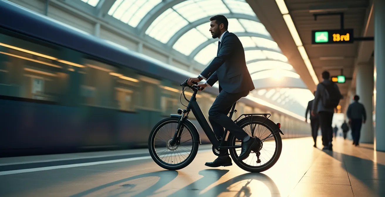 Cycliste avec un vélo pliant dans une station de métro moderne, illustrant la facilité de la mobilité multimodale.